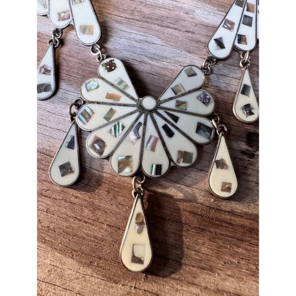Vintage Mexican Sterling Silver Necklace With White & Abalone Inlay Floral - Picture 3 of 8